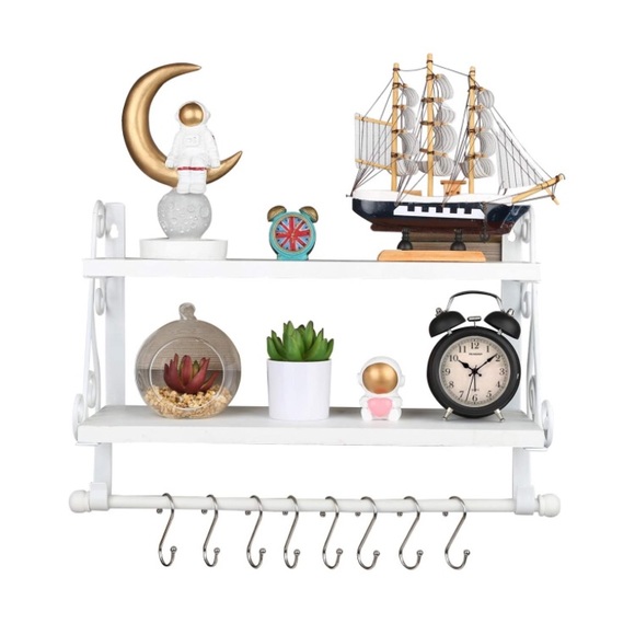 2-Tier Rustic Farmhouse Wood Wall Shelf with 8 Hooks - Picture 8 of 14